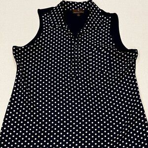 FENN WRIGHT MANSON Navy Blue Polka Dot‎ Mixed Media Sleeveless Blouse Size Large